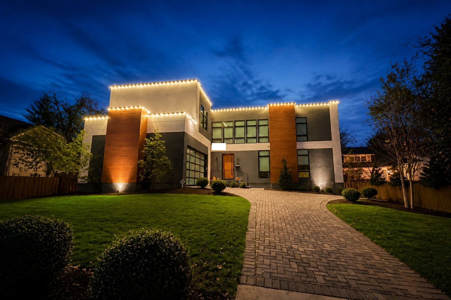Professional exterior lighting installation on a modern home at dusk
