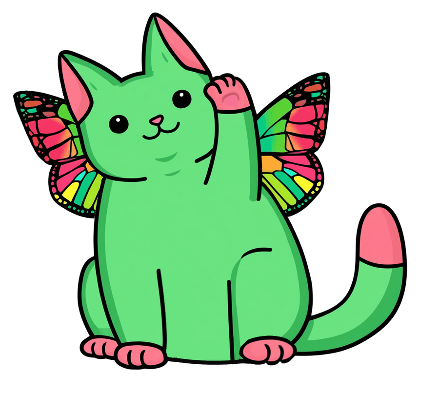BUCCAT, the AI and Hope mascot, a green cat with butterfly wings, waving