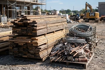 Construction debris and scrap lumber organized for haul-away