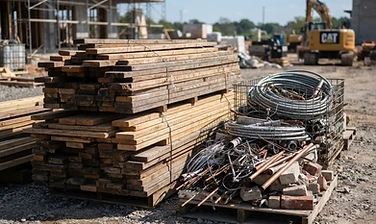 Construction debris and scrap lumber organized for haul-away