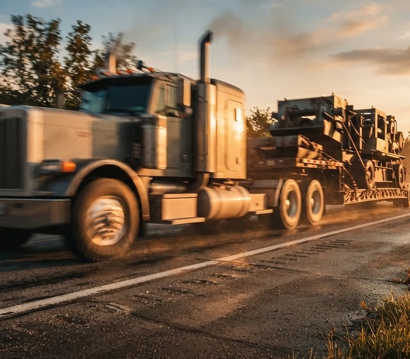 Loaded hauling trailer on a Missouri highway at golden hour