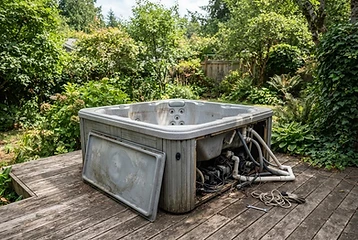 Hot tub ready for removal from a backyard deck