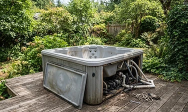 Hot tub ready for removal from a backyard deck