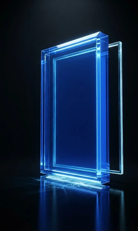 Structure de verre bleu illuminée dans un espace sombre