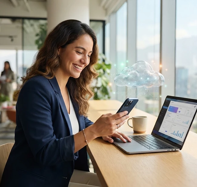 Profesional utilizando smartphone y computador en un entorno de trabajo conectado