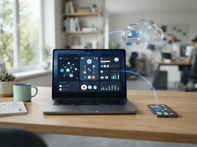 Notebook y smartphone conectados a comunicaciones en la nube