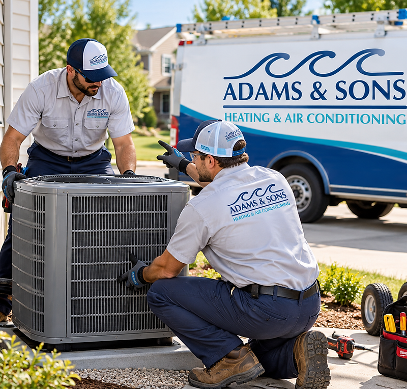 Adams & Sons HVAC technicians servicing an outdoor air conditioning condenser at a Wilmington, NC home