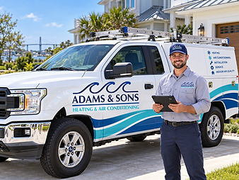 Adams & Sons technician with a service truck ready for an air conditioning installation in Wilmington, NC