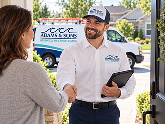 Adams & Sons technician greeting a Wilmington, NC homeowner during a ductless mini split service visit