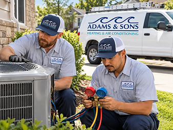 Adams & Sons technicians checking refrigerant pressures on an outdoor AC condenser during a repair in Wilmington, NC