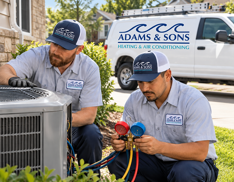 HVAC technician checking refrigerant pressures during an AC repair in Wilmington, NC