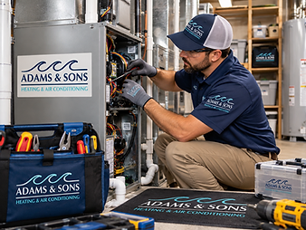 Adams & Sons technician repairing a furnace during a heating service call in Wilmington, NC