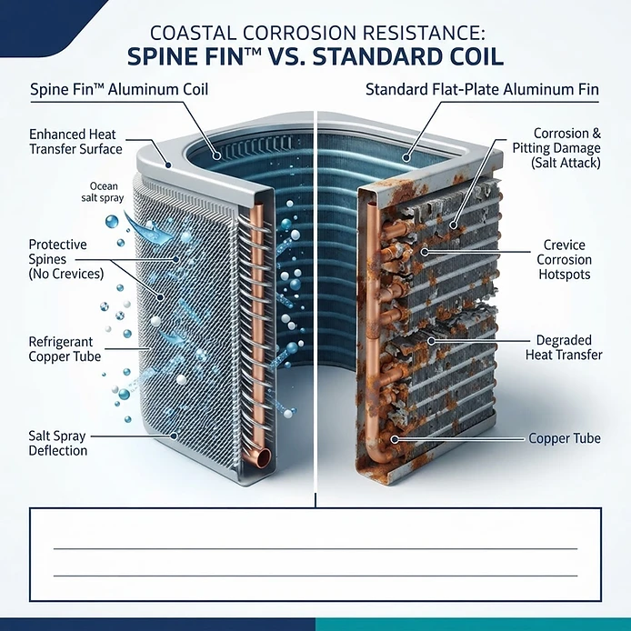 American Standard Spine Fin coil repelling salt water corrosion compared to a rusted standard coil