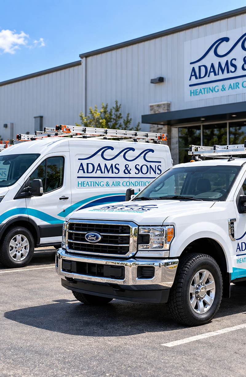 Adams & Sons Heating & Air Conditioning fleet and building in Wilmington, NC