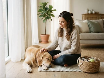 A woman sitting on the floor at home with a relaxed golden retriever beside her