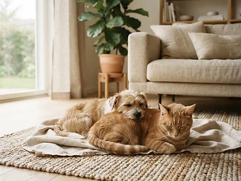 A cat and a dog resting together on a rug in a sunlit living room