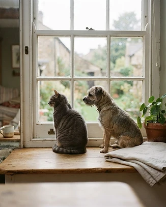 A cat and a small dog sitting together on a windowsill looking outside