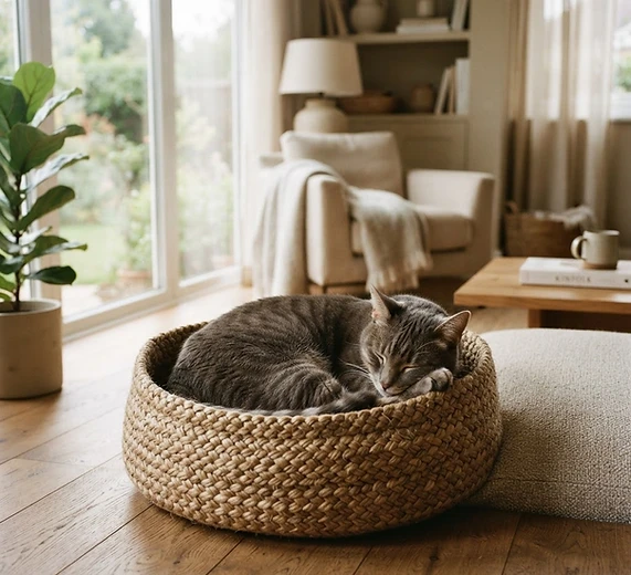 A tabby cat resting on a woven natural-fibre pet bed in a sunlit living room