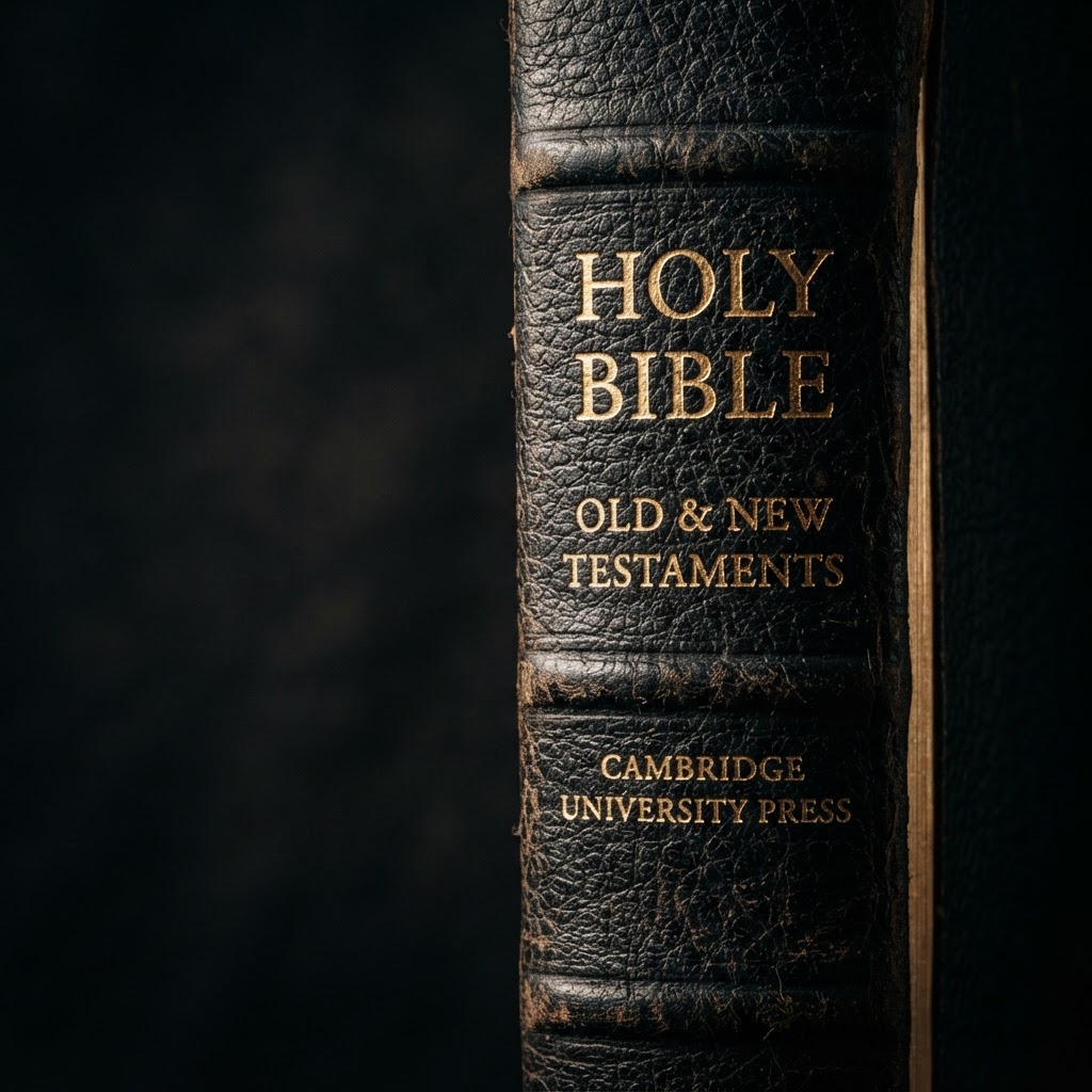 Macro detail of a hand-crafted leather Bible spine