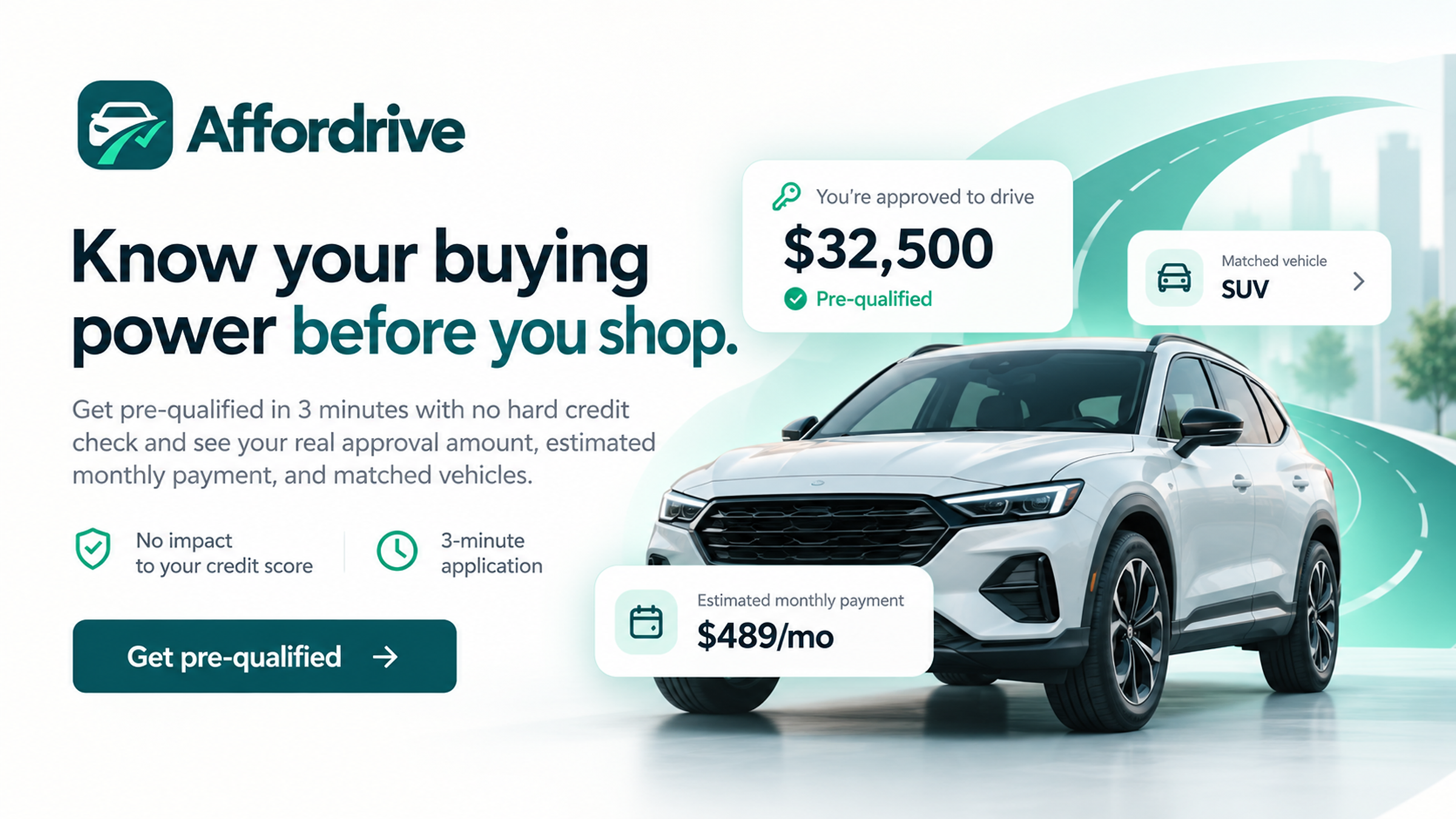 Affordrive: Know your buying power before you shop. Get pre-qualified in 3 minutes with no hard credit check and see your real approval amount, estimated monthly payment, and matched vehicles.