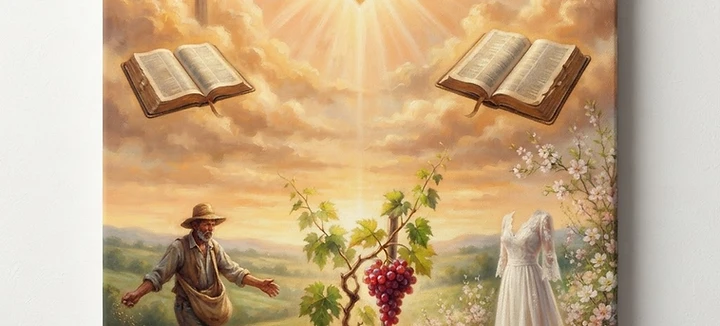 Book cover: golden sunrise, a glowing heart, a sower, a grapevine and a white linen garment