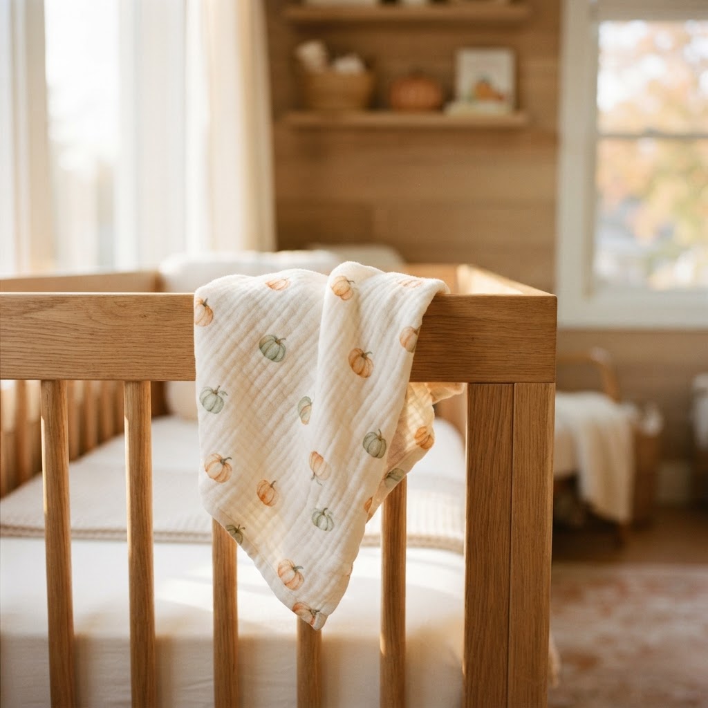 Muslin swaddle draped over a wooden crib