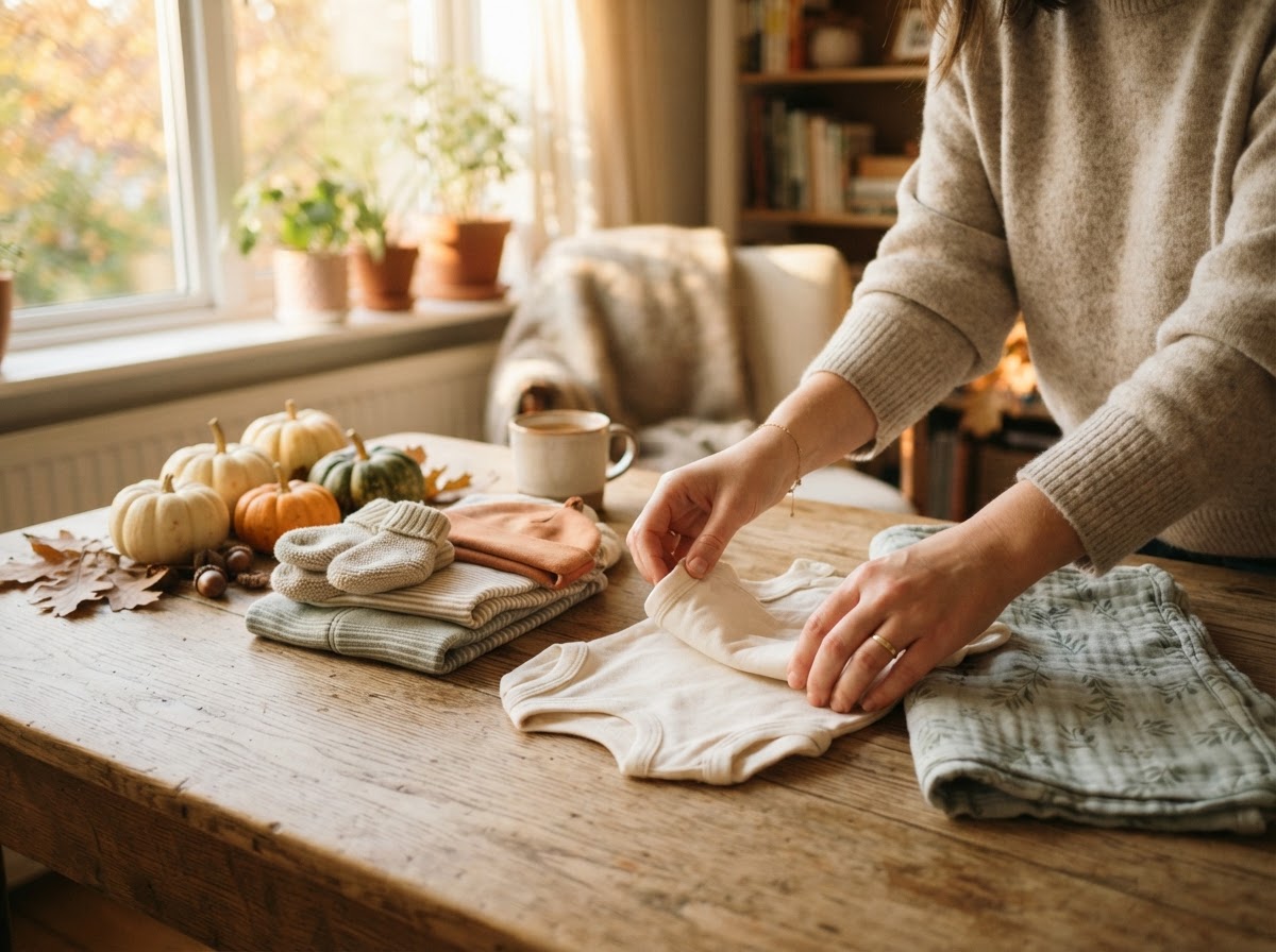 Hands folding baby clothes on a wooden table