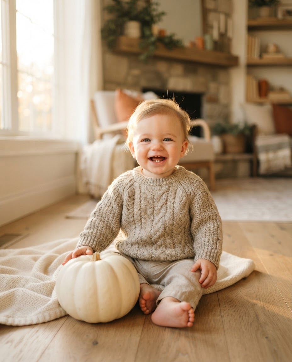 Baby in an oatmeal knit sweater sitting beside a white pumpkin
