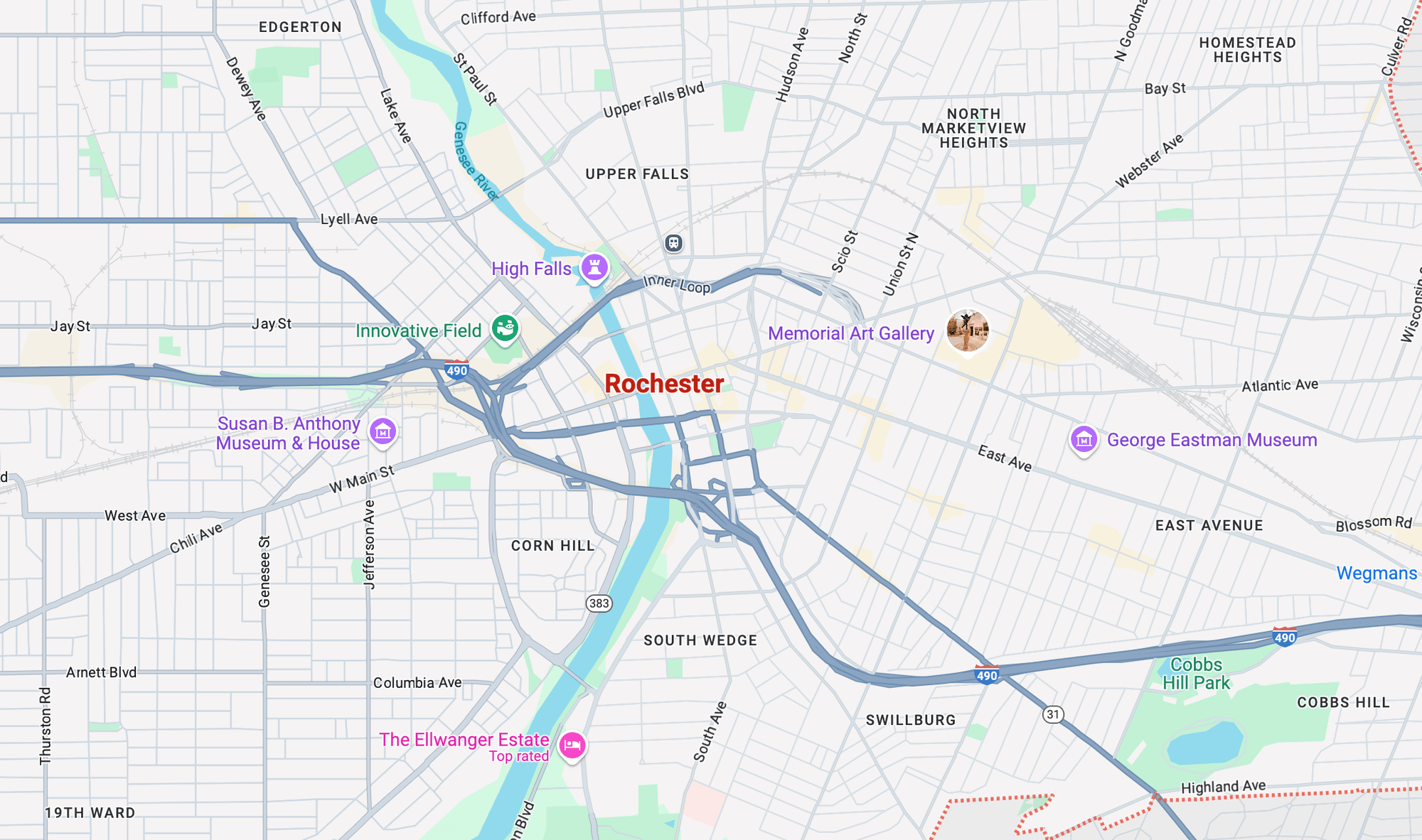 Map showing the greater Rochester NY service area