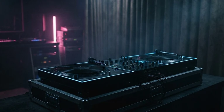 DJ setup with neon lighting