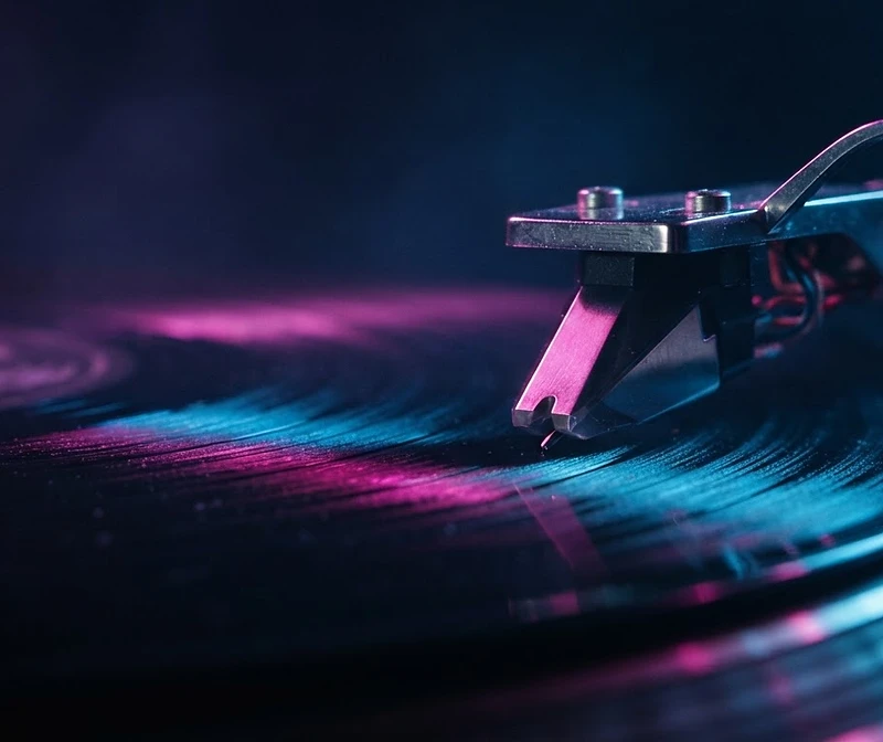 Vinyl record stylus under neon light