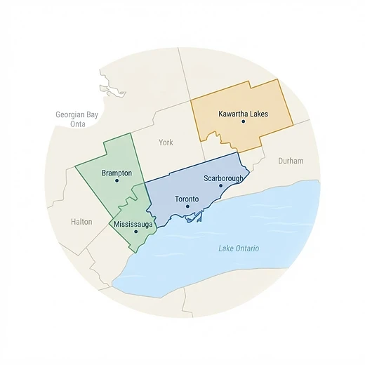 Coverage map of Ontario showing Toronto, Peel, and Kawartha regions