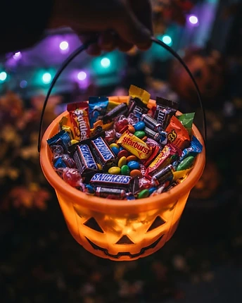 Pumpkin bucket overflowing with candy