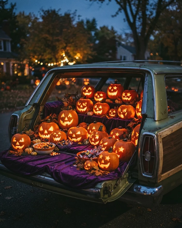 Car trunk filled with glowing jack-o-lanterns