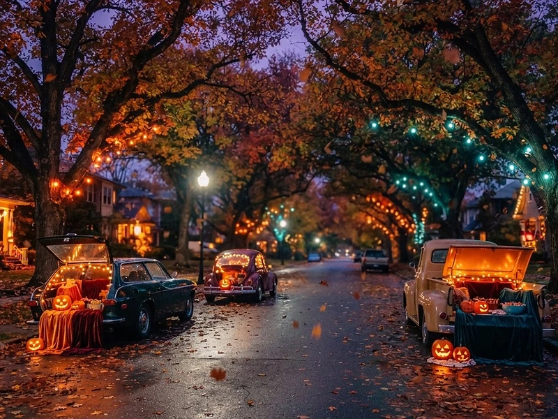 Decorated car trunks glowing on a Creve Coeur street at dusk