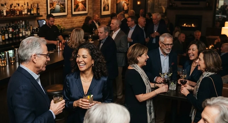 Guests mingling with cocktails at an evening Freedom 55 gathering