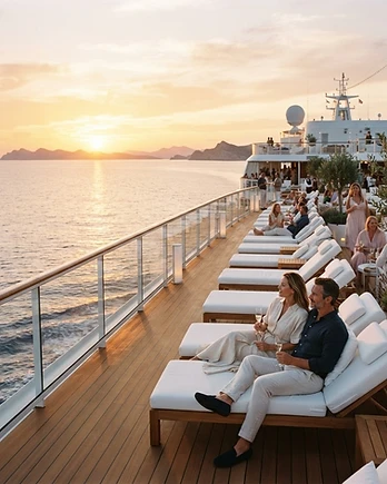 Luxury cruise ship deck at sunset
