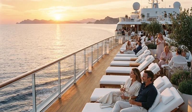 Teak cruise deck and white loungers at sunset on the Mediterranean