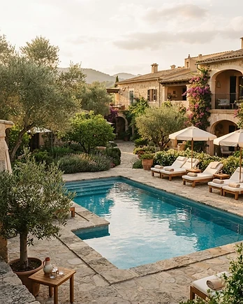 Mediterranean boutique resort courtyard with pool