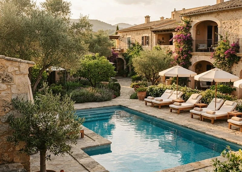 Boutique Mediterranean resort courtyard with pool and olive trees