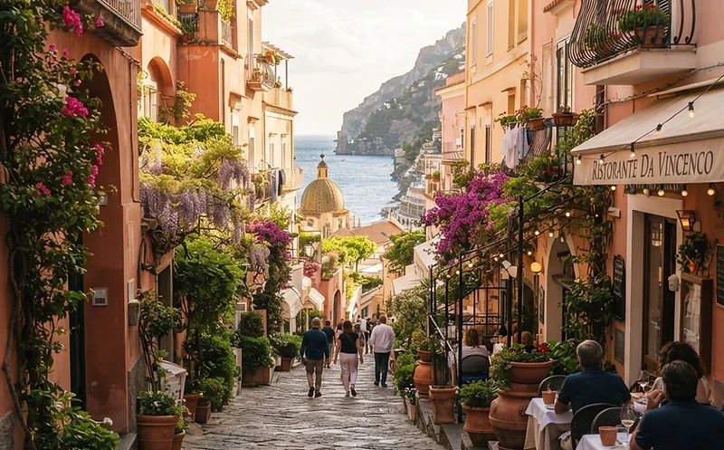 Pastel buildings and bougainvillea on a street in Positano, Italy