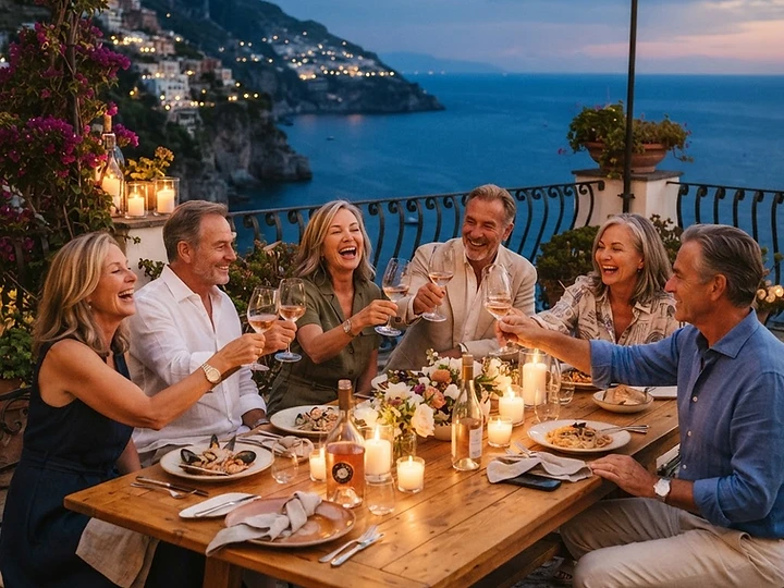 Friends toasting at a candlelit dinner overlooking the Mediterranean