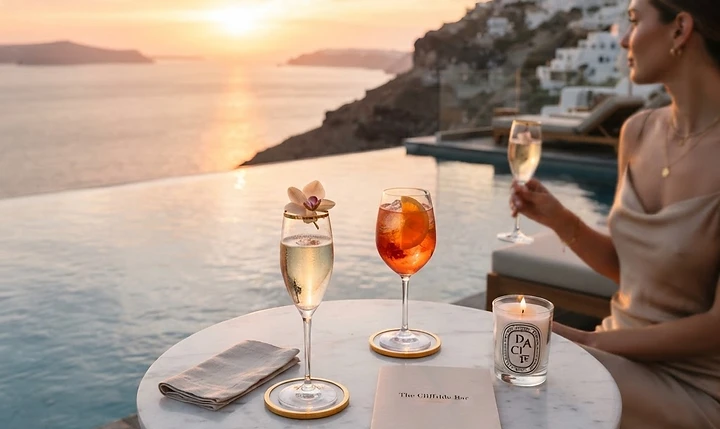 Cocktails beside an infinity pool at sunset
