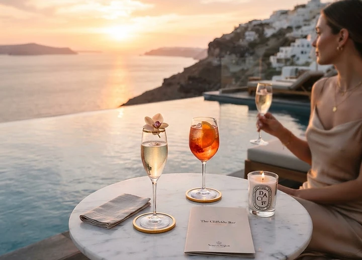 Cocktails beside an infinity pool at sunset