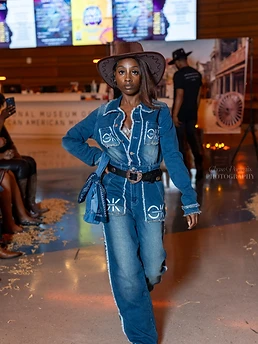 Distressed denim jumpsuit, fedora
