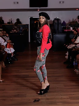 Red blazer, rose trousers