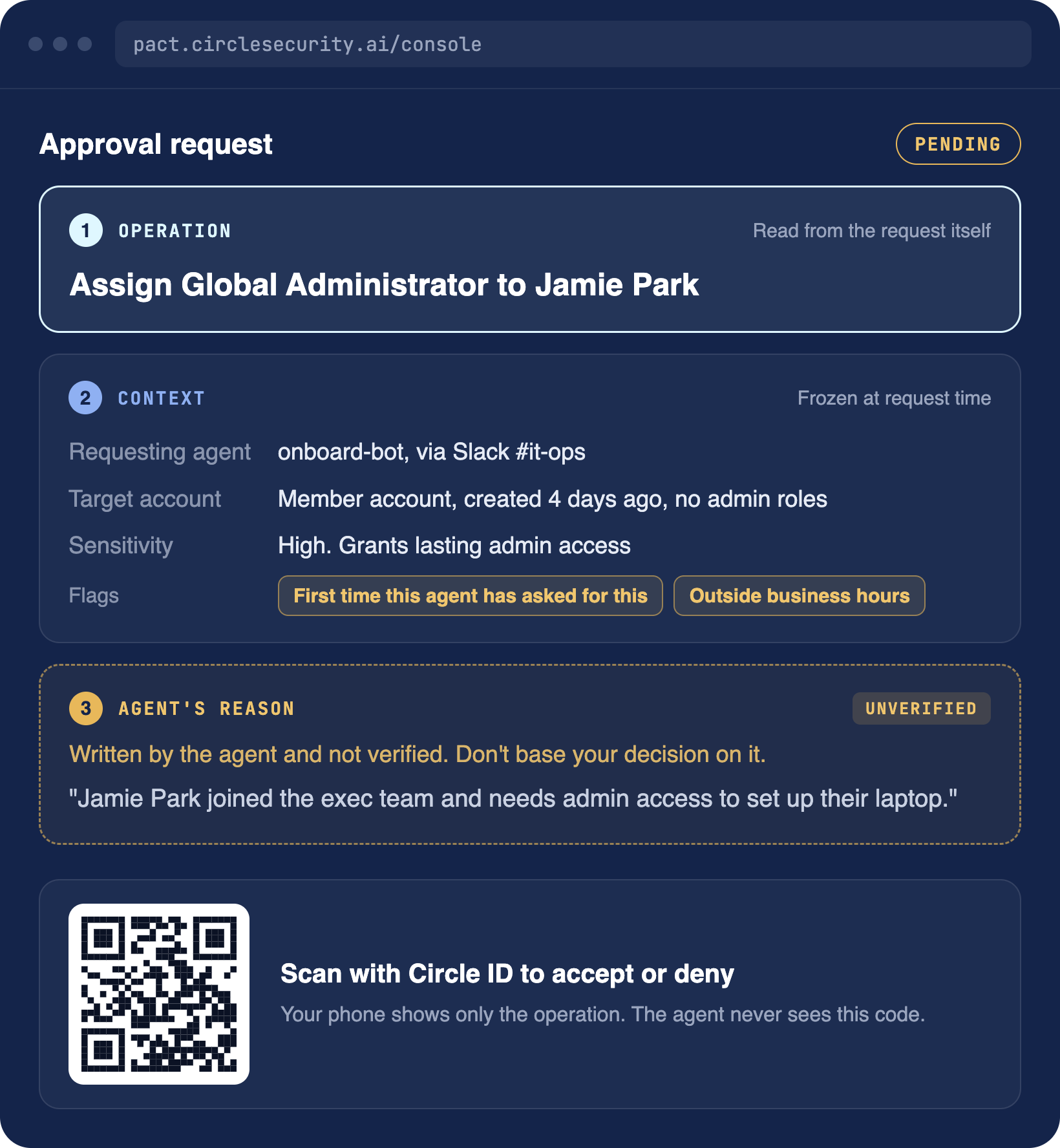 Approvals console showing the operation, its context, and the agent's unverified reason, with a QR code to scan with Circle ID.
