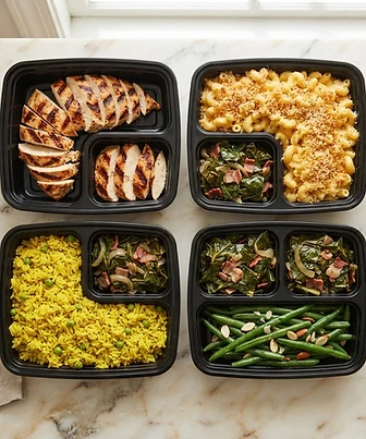 Meal prep containers with grilled chicken, salmon, rice and vegetables