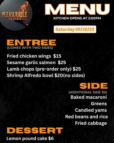 Pleasurable Plates weekly menu card
