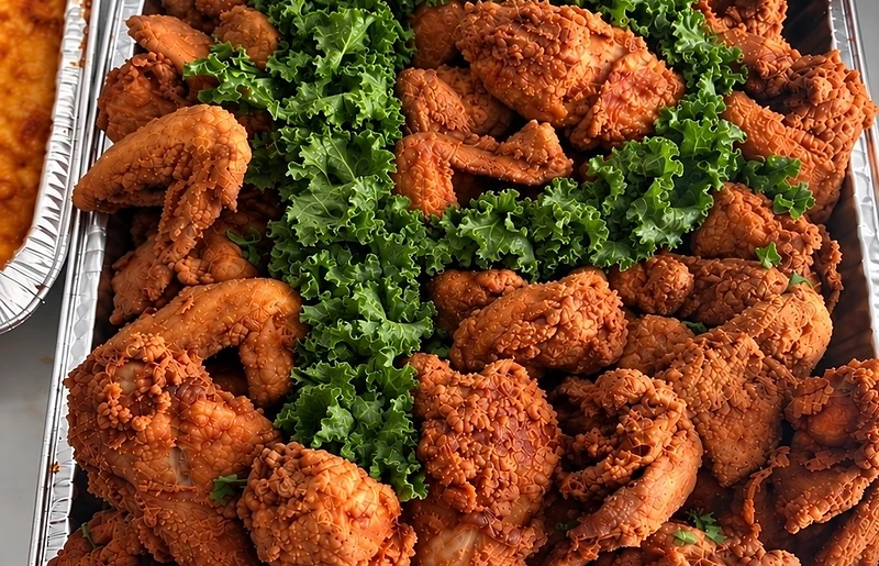 Elegant soul food catering buffet at an evening event